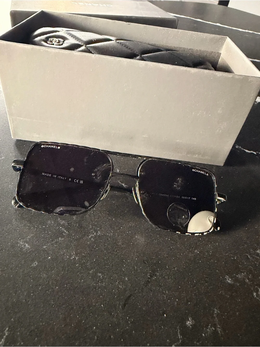 CHANEL Black and Silver Square Aviator Sunglasses